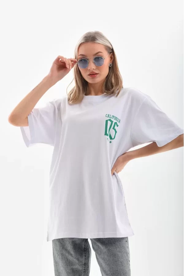 Luz&Pos Unisex Baskılı Oversize T-shirt - Beyaz