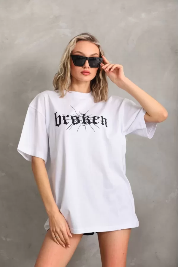 Luz&Pos Unisex Baskılı Oversize T-shirt - Beyaz