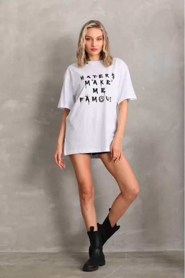 Luz&Pos Unisex Baskılı Oversize T-shirt - Beyaz