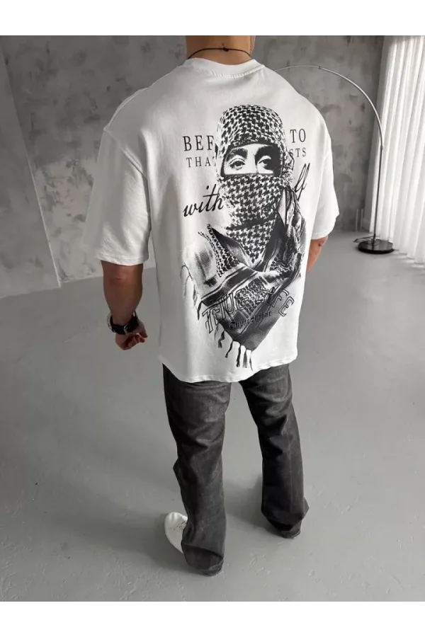 Unisex Baskılı Oversize T-Shirt - Beyaz
