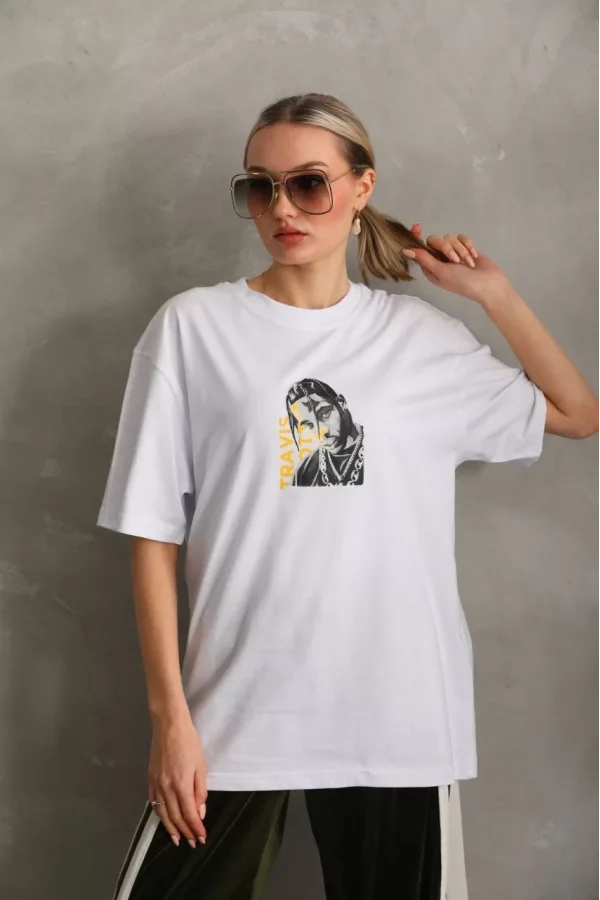 Luz&Pos Unisex Baskılı Oversize T-shirt - Beyaz