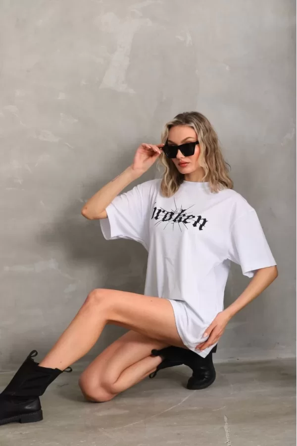 Luz&Pos Unisex Baskılı Oversize T-shirt - Beyaz