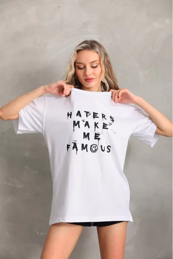 Luz&Pos Unisex Baskılı Oversize T-shirt - Beyaz