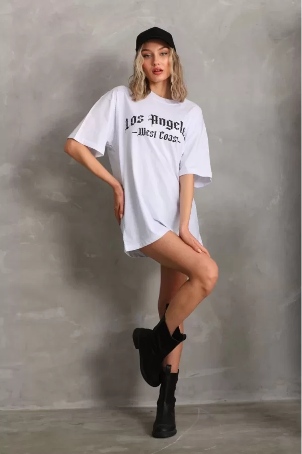 Luz&Pos Unisex Baskılı Oversize T-shirt - Beyaz