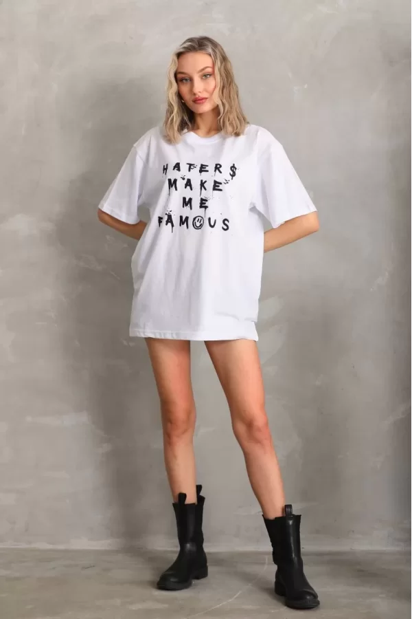 Luz&Pos Unisex Baskılı Oversize T-shirt - Beyaz