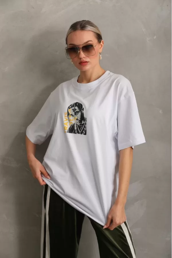 Luz&Pos Unisex Baskılı Oversize T-shirt - Beyaz
