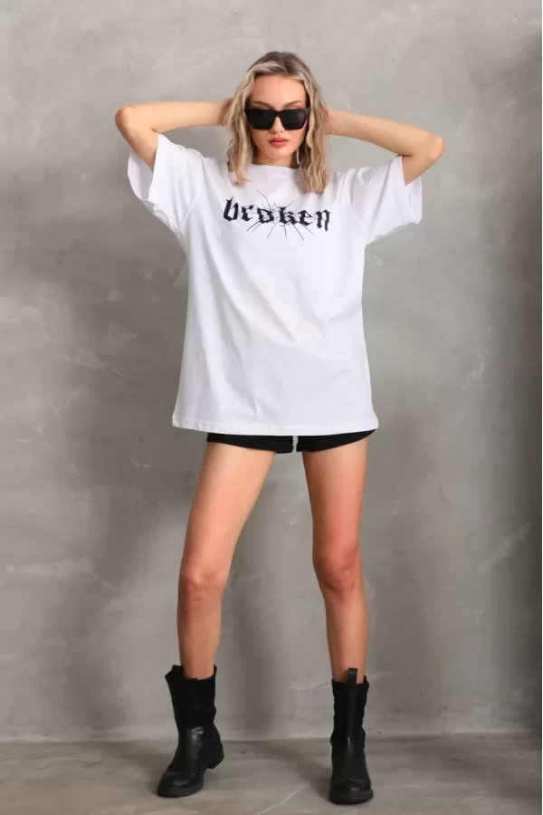 Luz&Pos Unisex Baskılı Oversize T-shirt - Beyaz