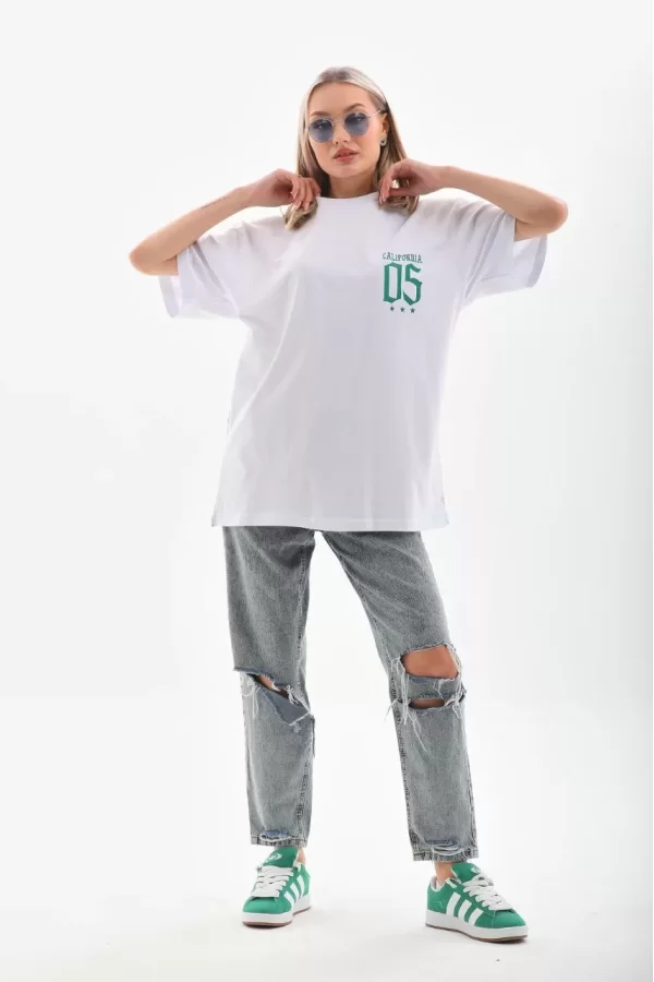 Luz&Pos Unisex Baskılı Oversize T-shirt - Beyaz