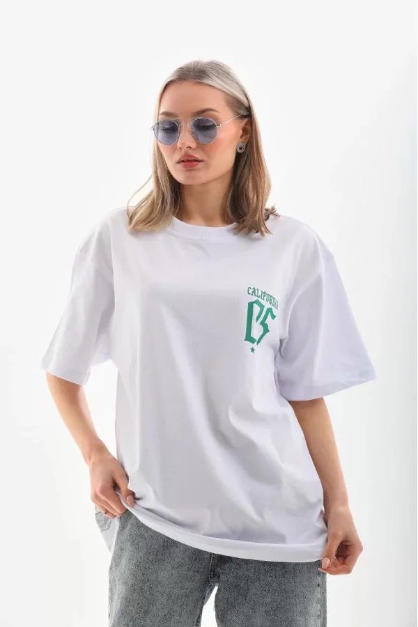 Luz&Pos Unisex Baskılı Oversize T-shirt - Beyaz