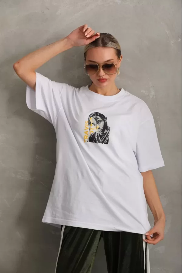 Luz&Pos Unisex Baskılı Oversize T-shirt - Beyaz