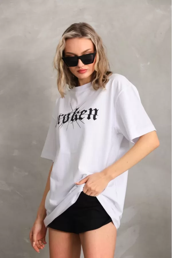 Luz&Pos Unisex Baskılı Oversize T-shirt - Beyaz