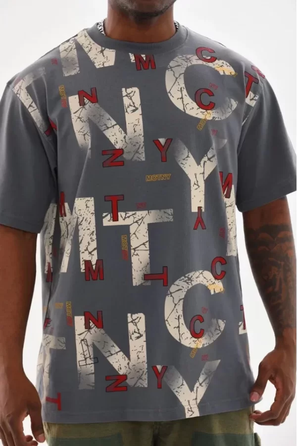 Unisex Baskılı Oversize T-Shirt - Füme