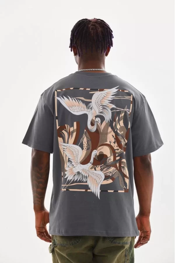Luz&Pos Unisex Baskılı Oversize T-shirt - Füme