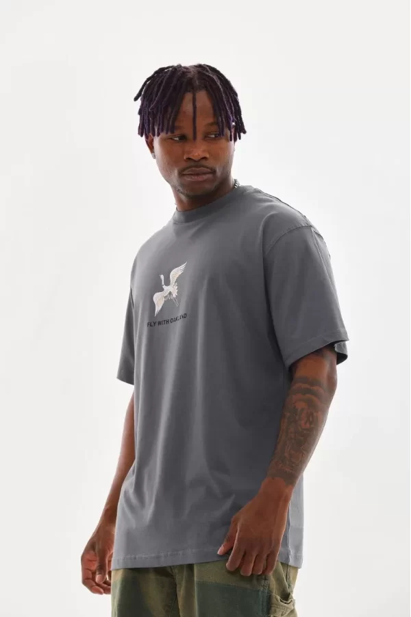 Luz&Pos Unisex Baskılı Oversize T-shirt - Füme