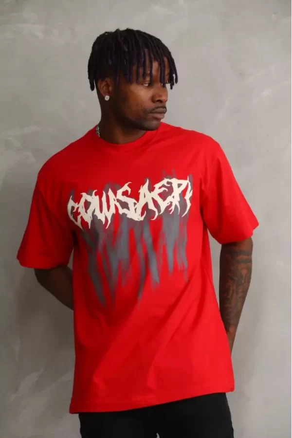 Unisex Baskılı Oversize T-Shirt - Kırmızı