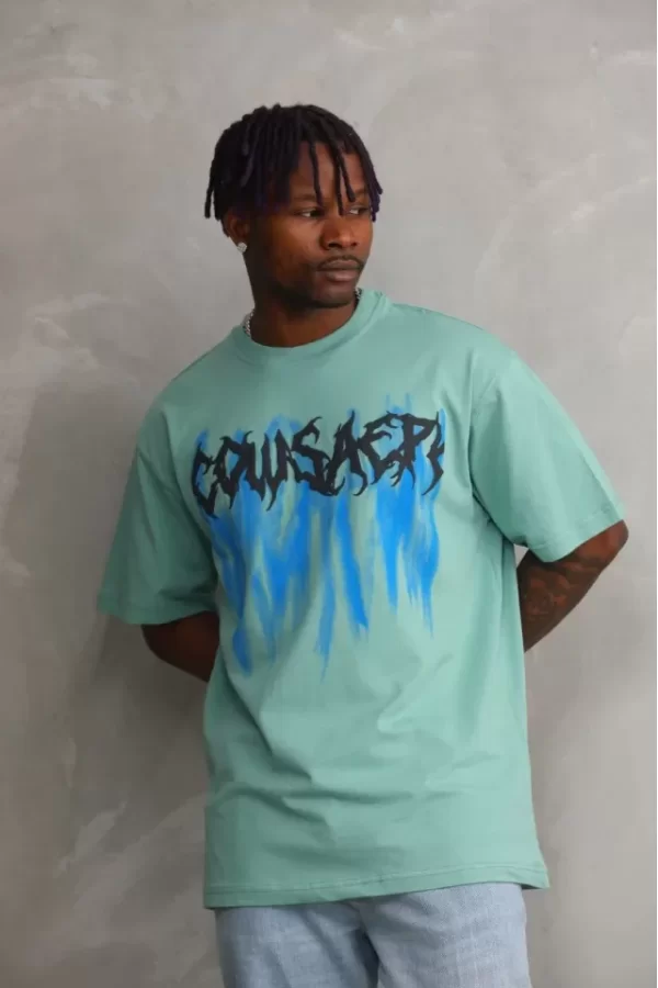 Unisex Baskılı Oversize T-Shirt - Mint Yeşili