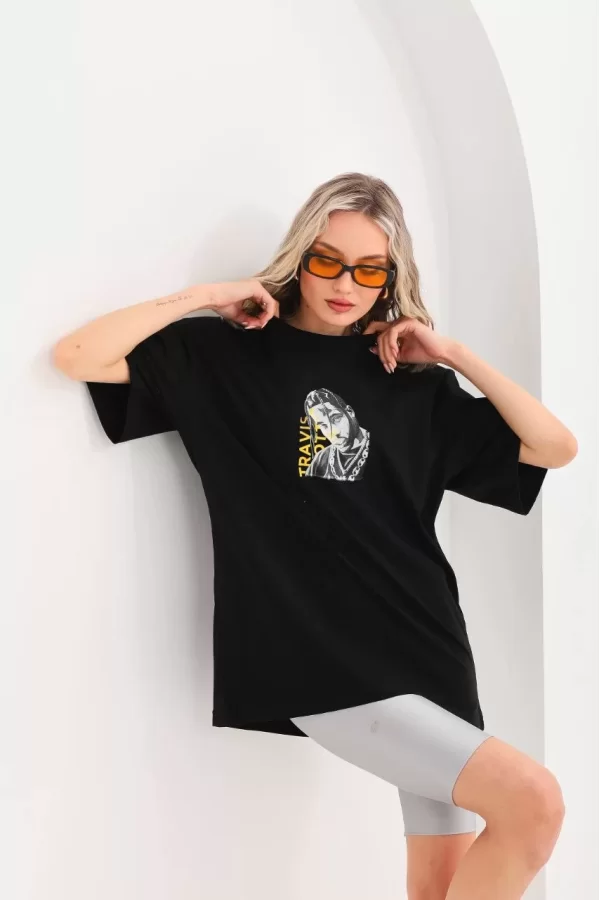 Luz&Pos Unisex Baskılı Oversize T-shirt - Siyah