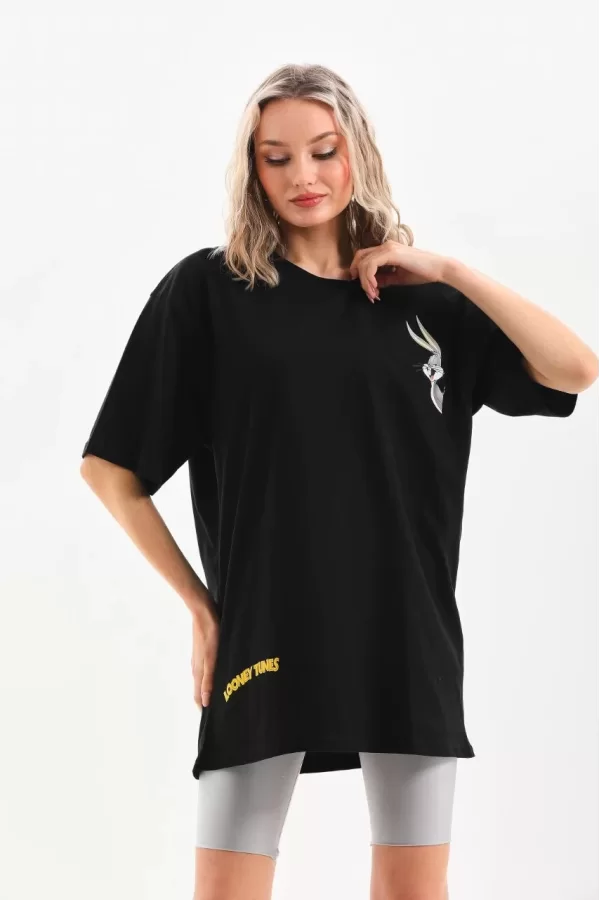 Luz&Pos Unisex Baskılı Oversize T-shirt - Siyah