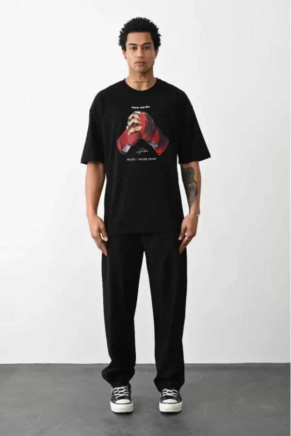 Unisex Baskılı Oversize T-Shirt - Siyah