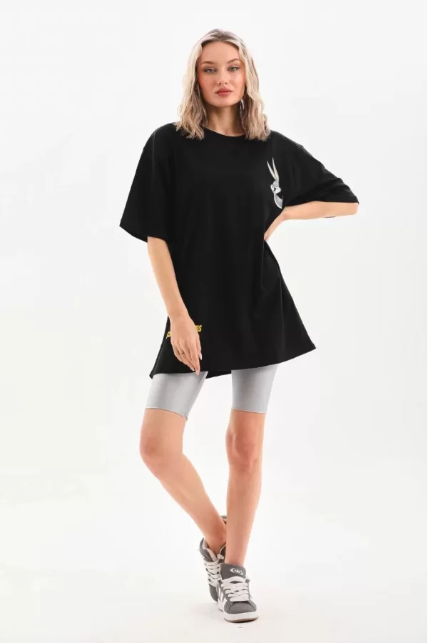 Luz&Pos Unisex Baskılı Oversize T-shirt - Siyah