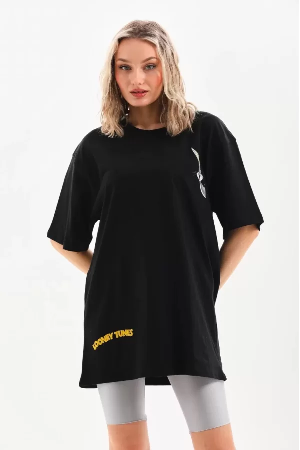 Luz&Pos Unisex Baskılı Oversize T-shirt - Siyah