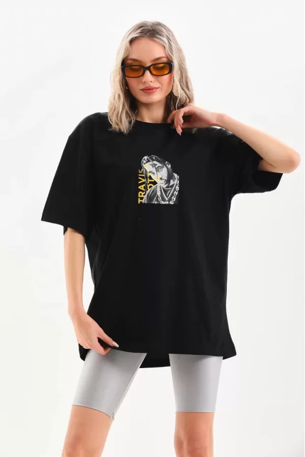 Luz&Pos Unisex Baskılı Oversize T-shirt - Siyah