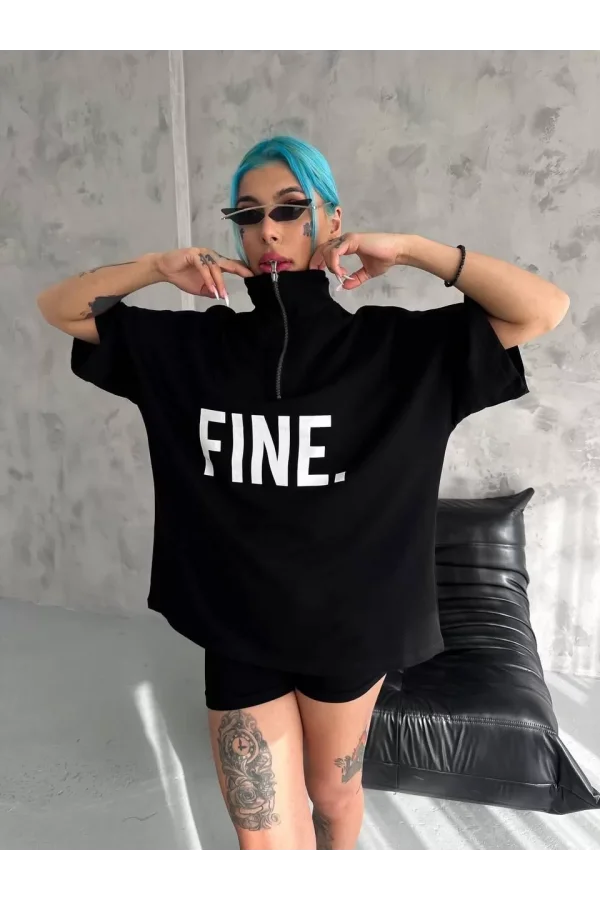 Luz&Pos Unisex Baskılı Yarım Fermuarlı T-shirt - Siyah