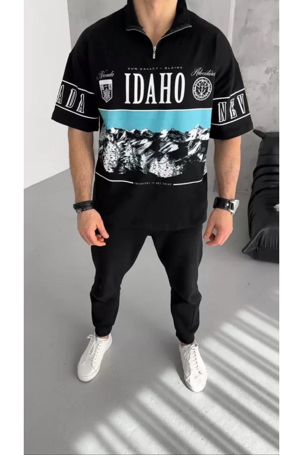 Luz&Pos Unisex Baskılı Yarım Fermuarlı T-shirt - Siyah