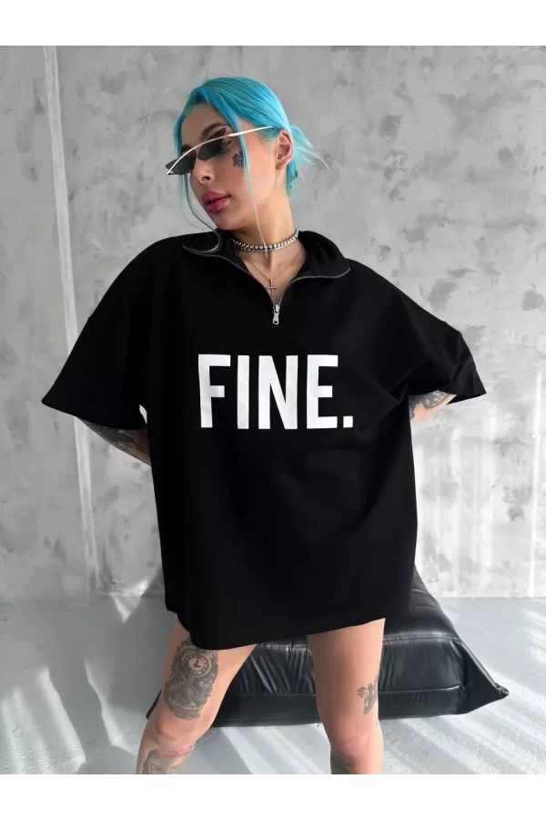 Luz&Pos Unisex Baskılı Yarım Fermuarlı T-shirt - Siyah