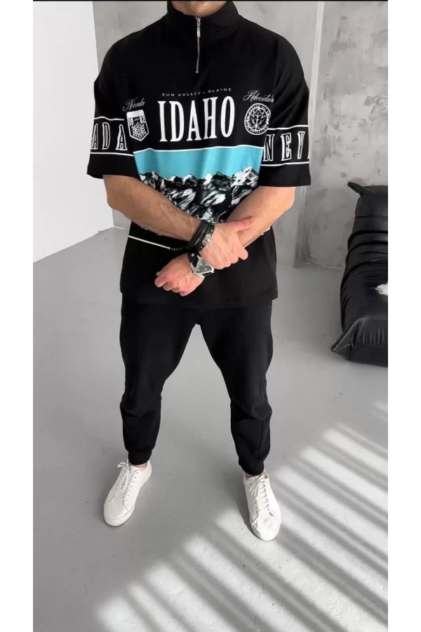 Luz&Pos Unisex Baskılı Yarım Fermuarlı T-shirt - Siyah
