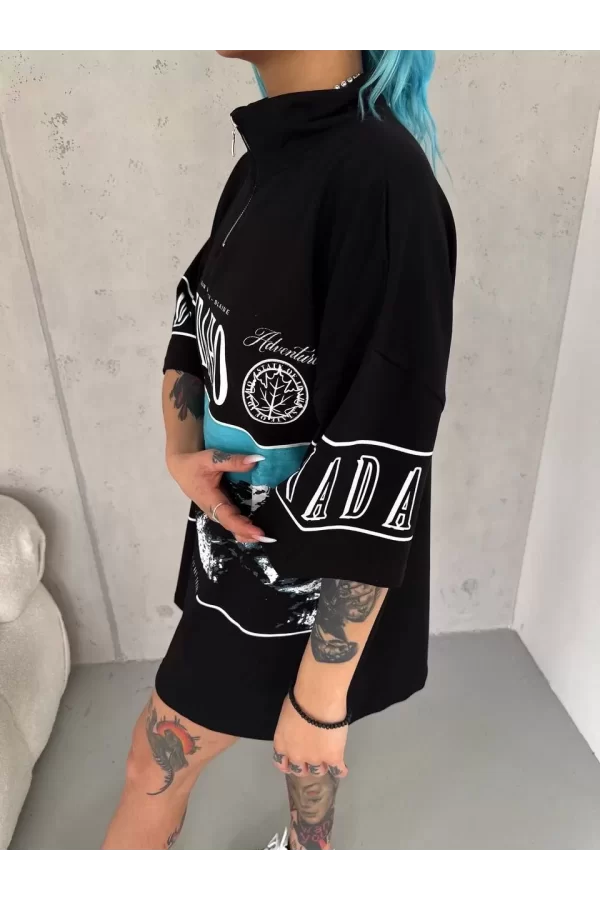 Luz&Pos Unisex Baskılı Yarım Fermuarlı T-shirt - Siyah