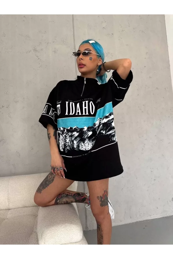 Luz&Pos Unisex Baskılı Yarım Fermuarlı T-shirt - Siyah