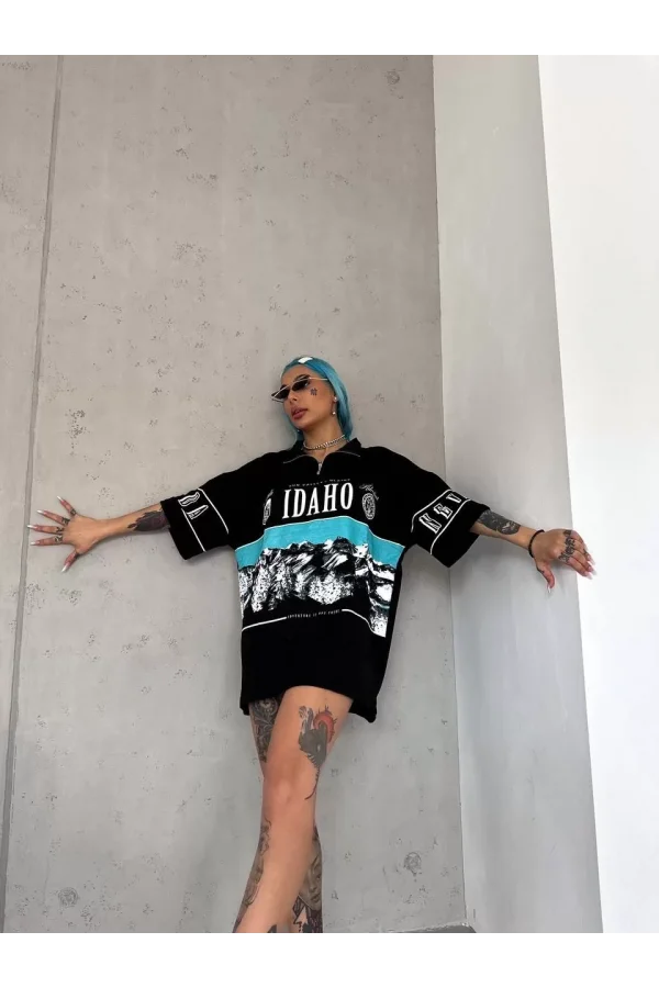 Luz&Pos Unisex Baskılı Yarım Fermuarlı T-shirt - Siyah