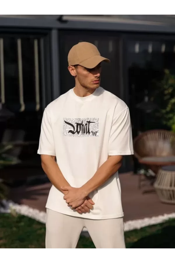 Unisex Bisiklet Yaka Baskılı Oversize T-Shirt - Beyaz