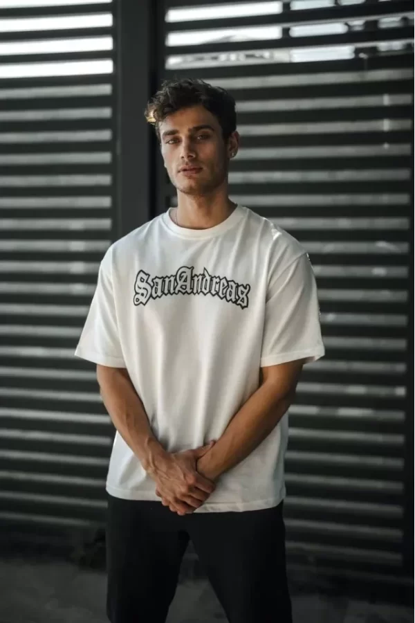 Unisex Bisiklet Yaka Baskılı Oversize T-Shirt - Beyaz