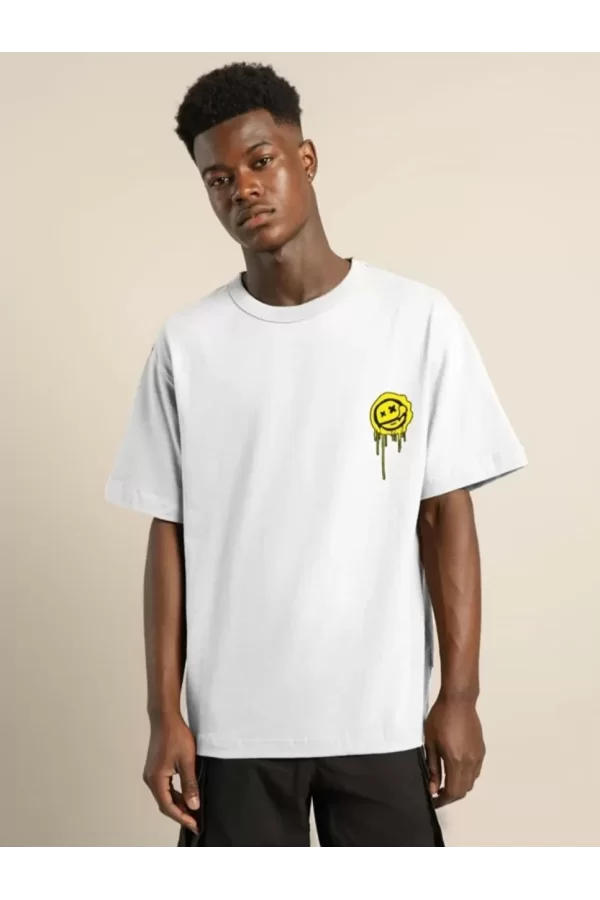 Luz&Pos Unisex Bisiklet Yaka Baskılı Oversize T-shirt - Beyaz