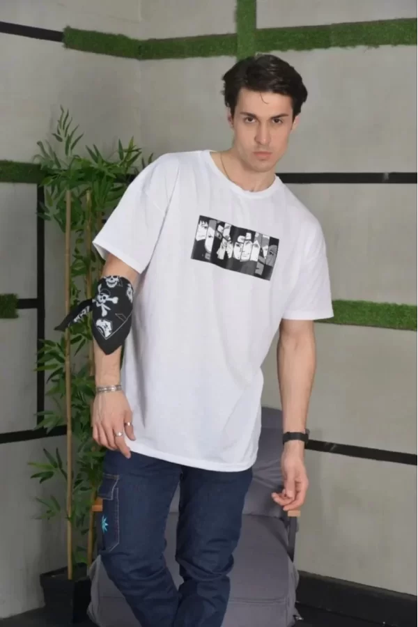 Luz&Pos Unisex Bisiklet Yaka Baskılı Oversize T-shirt - Beyaz