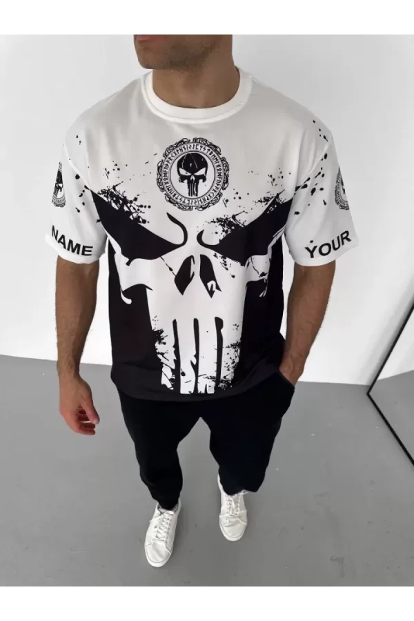 Unisex Bisiklet Yaka Baskılı Oversize T-Shirt - Beyaz