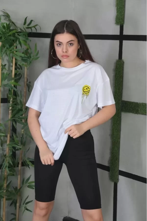Luz&Pos Unisex Bisiklet Yaka Baskılı Oversize T-shirt - Beyaz