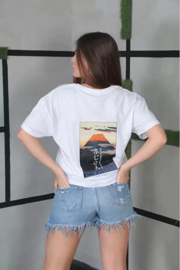Luz&Pos Unisex Bisiklet Yaka Baskılı Oversize T-shirt- Beyaz