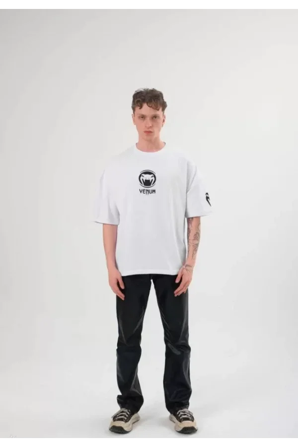 Unisex Bisiklet Yaka Baskılı Oversize T-Shirt - Beyaz