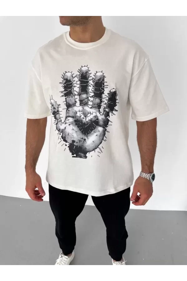 Unisex Bisiklet Yaka Baskılı Oversize T-Shirt - Beyaz