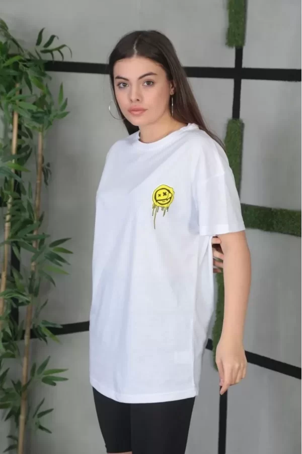 Luz&Pos Unisex Bisiklet Yaka Baskılı Oversize T-shirt - Beyaz