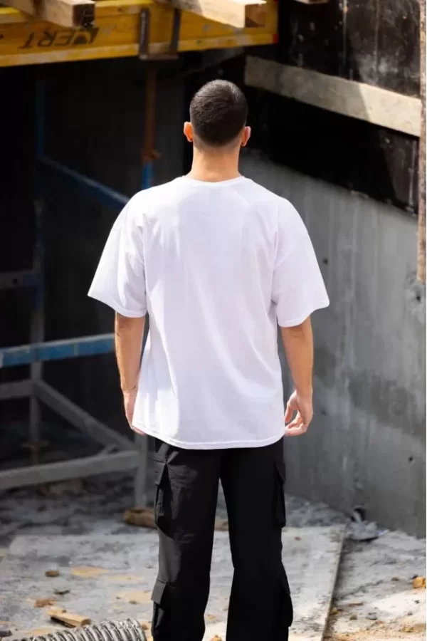 Unisex Bisiklet Yaka Baskılı Oversize T-Shirt - Beyaz
