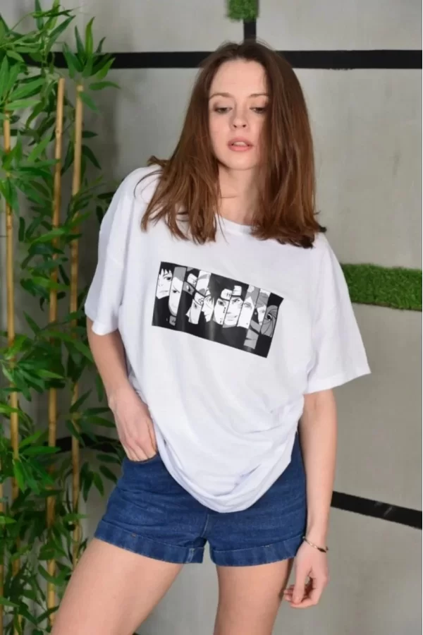 Luz&Pos Unisex Bisiklet Yaka Baskılı Oversize T-shirt - Beyaz