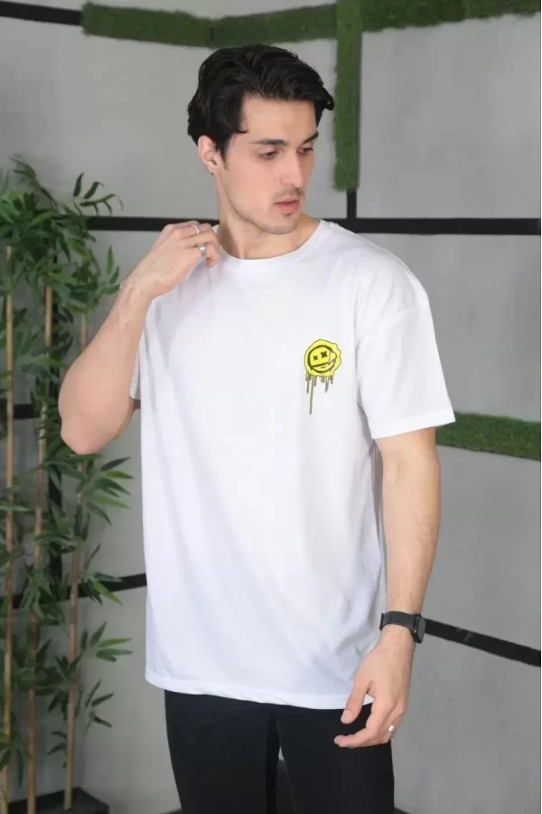 Luz&Pos Unisex Bisiklet Yaka Baskılı Oversize T-shirt - Beyaz