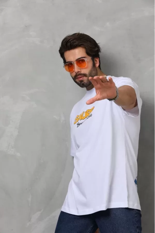 Unisex Bisiklet Yaka Baskılı Oversize T-Shirt - Beyaz