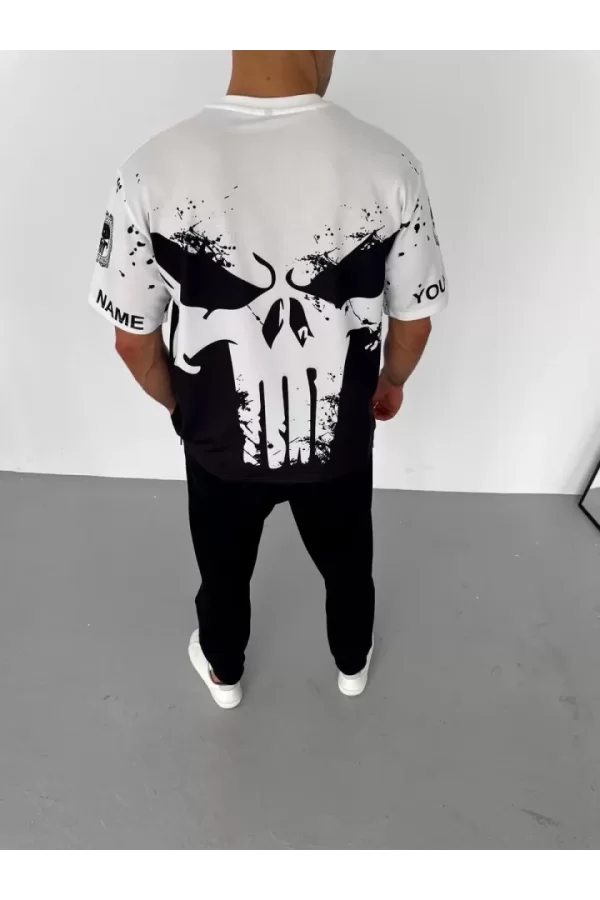 Unisex Bisiklet Yaka Baskılı Oversize T-Shirt - Beyaz
