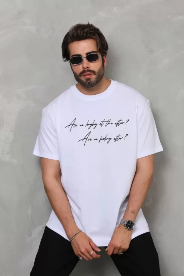 Unisex Bisiklet Yaka Baskılı Oversize T-Shirt - Beyaz