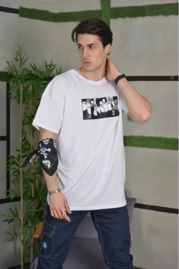 Luz&Pos Unisex Bisiklet Yaka Baskılı Oversize T-shirt - Beyaz